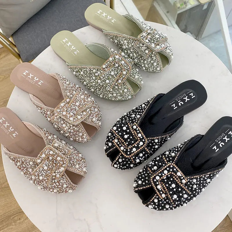 New Summer Women Crystal Slippers 2025 Girls Sweet Bows Bling Slippers Closed Toe Slip On Mules Shoes Casual Slides Flip Flop