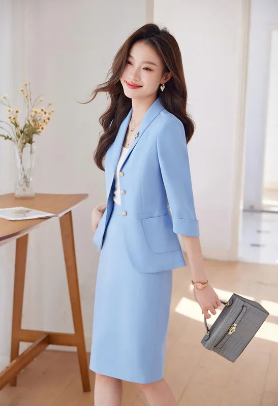 NAVIU Office Lady Skirt Suits French Style Two Piece Set Women Half Sleeve Single Breasted Short Blazer + Skirt 2 Piece Outfits