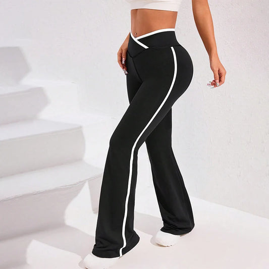 Striped Patchwork Cross Waist Yoga Leggings Women High Stretch Bodycon Flared Pants Woman Gym Fitness Workout Joggers Trousers