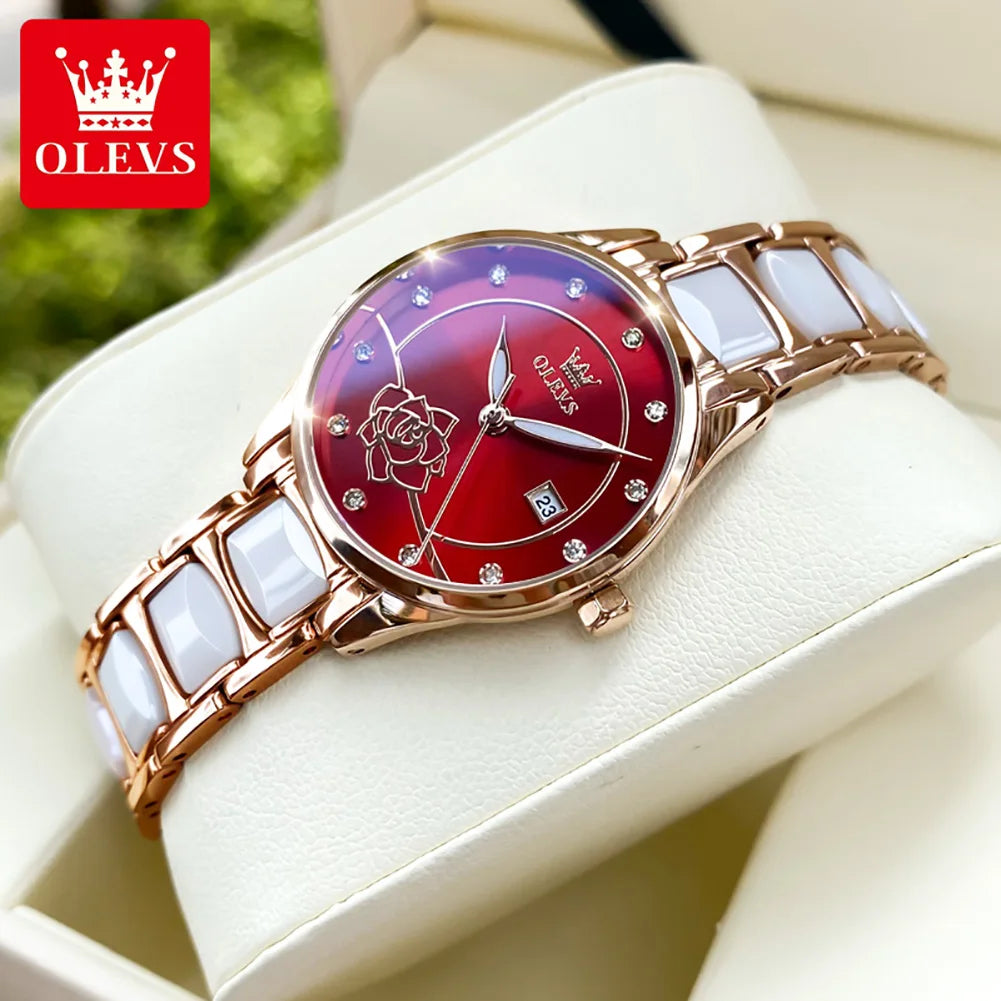 OLEVS 3606 Women's Watch Luxury Quartz Japanese Movement Watch Exquisite Rose Waterproof dial Elegant Ceramic Women's Watch