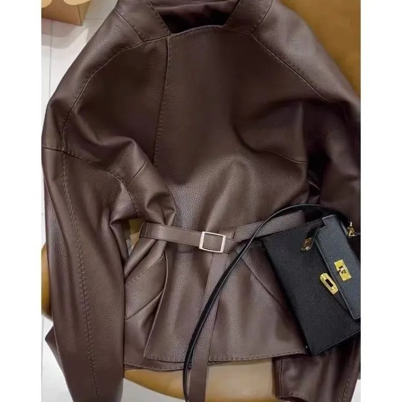 Women's Spring Autumn Leather Jacket Belt Short Tops Zipper Coats Loose Retro Fashion Design Sense Leisure Simple Brand Soft