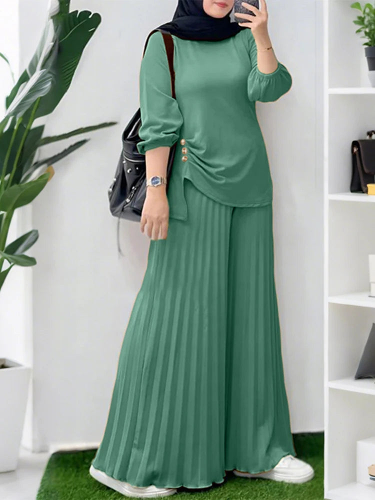 ZANZEA Women 2025 Autumn Matching Sets Casual Long Sleeve Tops Trousers Suit Muslim Outfits 2 Pieces Sets Solid Loose Tracksuit