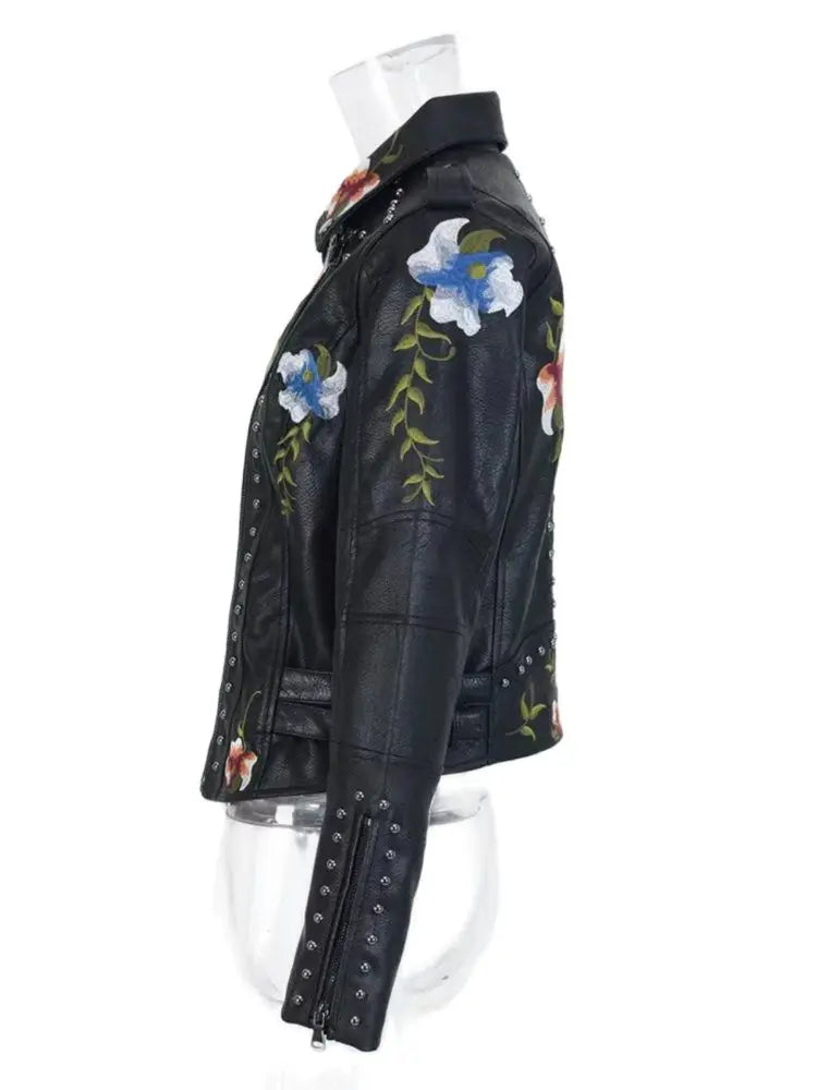 Women's Floral Print Embroidery Faux Leather Jacket  | Faeva London