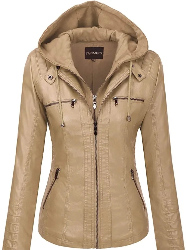 Hooded Leather Jacket Two-Piece Set Removable Large Size Leather Jacket for Women Spring & Fall Outwear for Women Pu Washed Leather