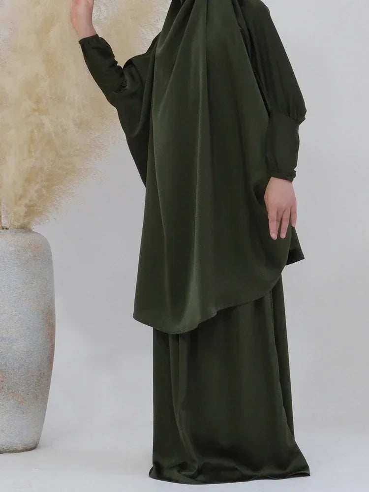 Eid Muslim Long Khimar Dress Kids Girls Abaya Long Khimar Set Prayer Garment Ramadan Dresses 2 Piece Jubha Robe Caftan Jilbab