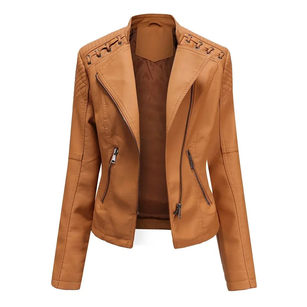 Spring Autumn Short Section Long Sleeve Zipper Jacket Slim Faux Leather Jacket Casual Solid Color Fashion Jacket Loose Outwear