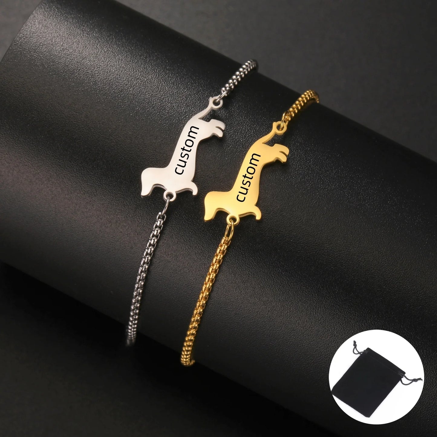Customized Name Date Sausage Dog Charm Bracelet Stainless Steel Personalized Pet Sausage Dog Bracelet Jewelry Gift