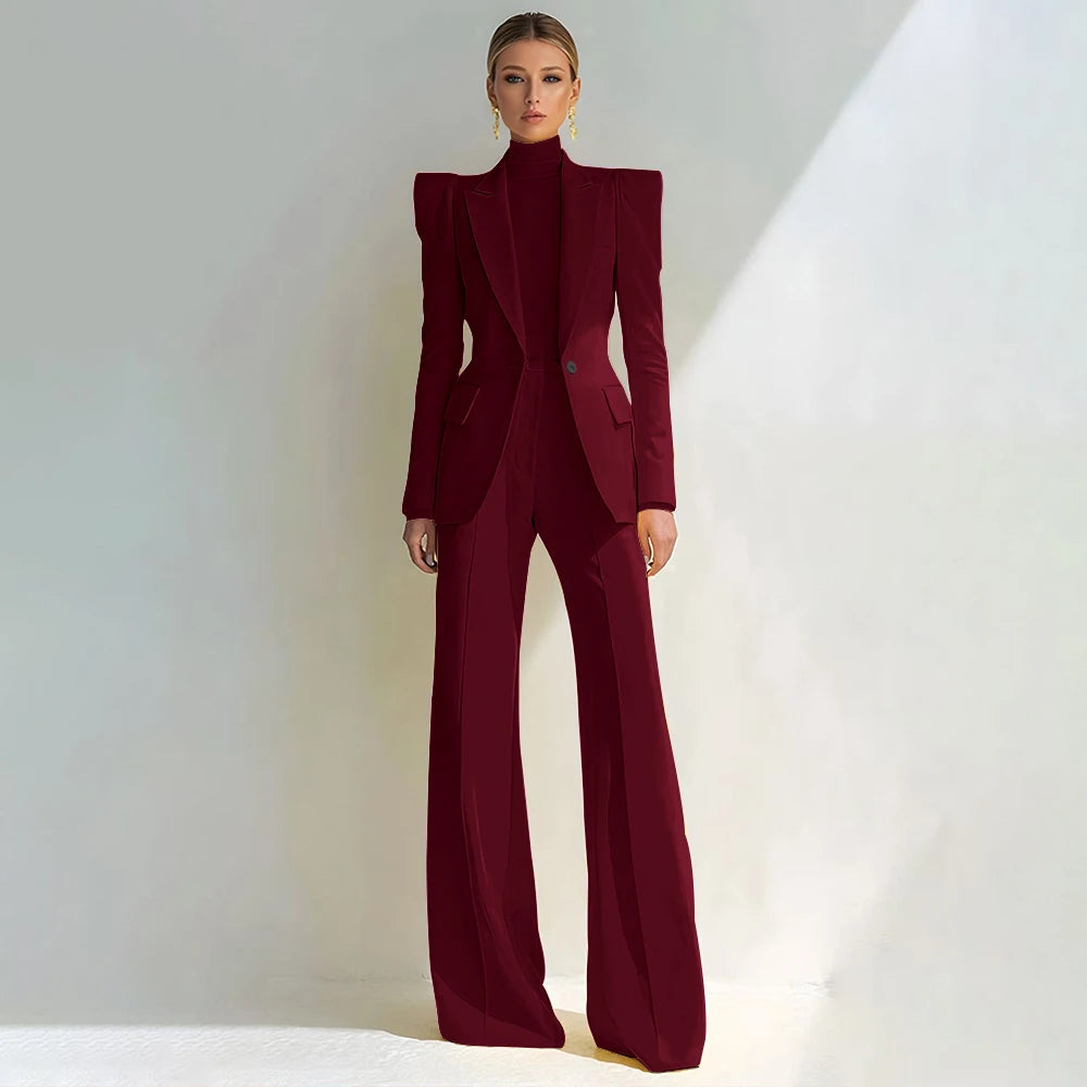 Professional Women's Red Suit Peaked Lapel Single Button Female Elegant Blazer and Flared Pants 2Piece Set Formal Office Wear