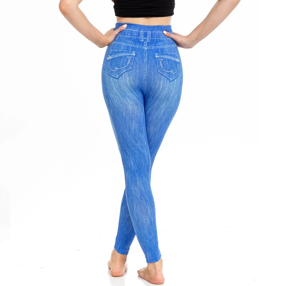 Skinny High Waisted Leggings Women Imitation Jeans Yoga Pants Fashion Printed Elastic Shapewear Fitness Jogging Cycling Tights