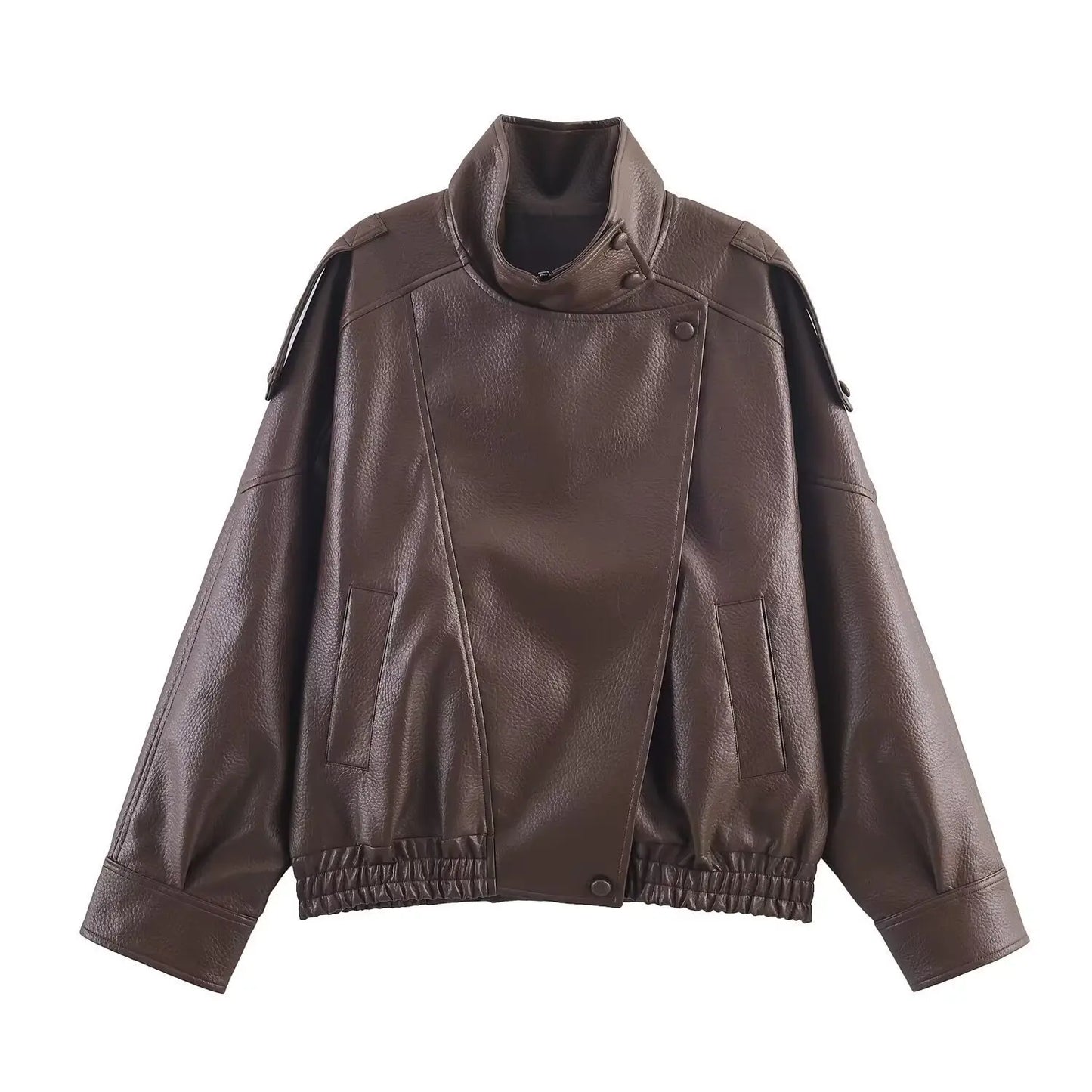 Fashion Stand Collar Leather Jacket Women Solid Long Sleeve Lapel Zipper Loose Bomber Coat 2026 Lady Spring Autumn Outerwear