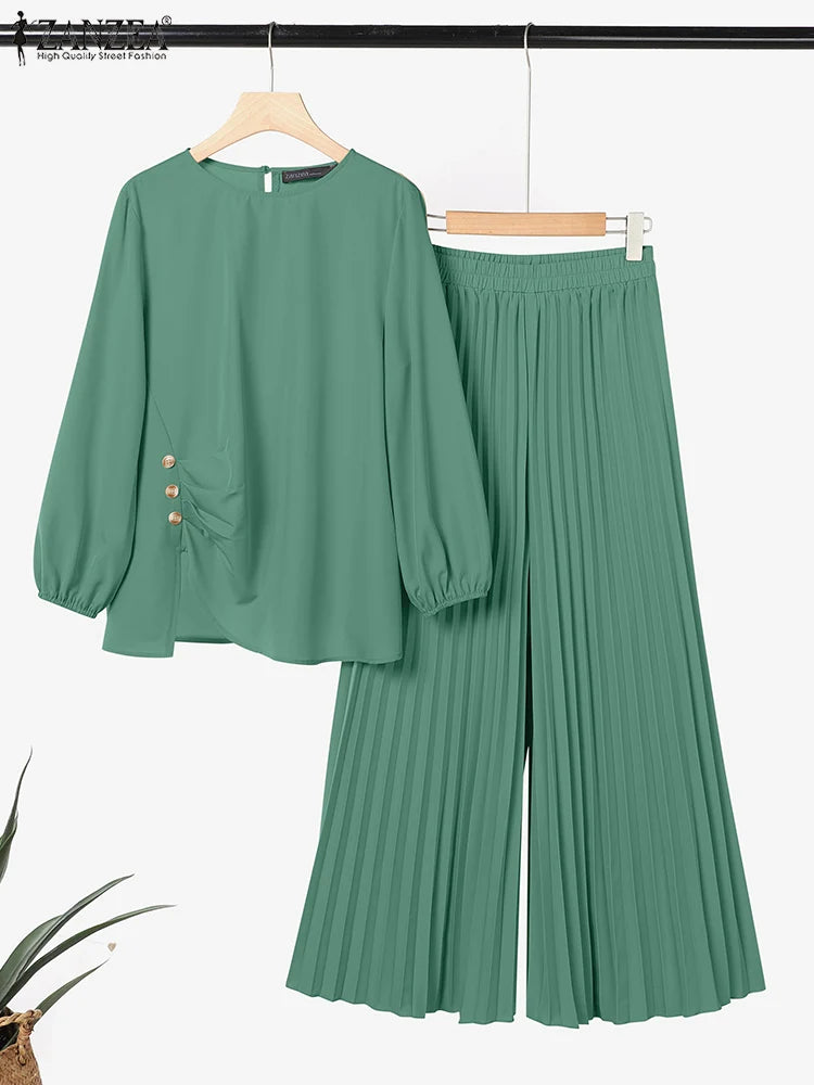 ZANZEA Women 2025 Autumn Matching Sets Casual Long Sleeve Tops Trousers Suit Muslim Outfits 2 Pieces Sets Solid Loose Tracksuit