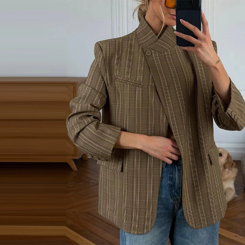 Fashion Women's Blazer Stand Collar Full Sleeve Single Button Female Plaid Blazers 2026 Spring New Chic Casual Commute Lady Coat