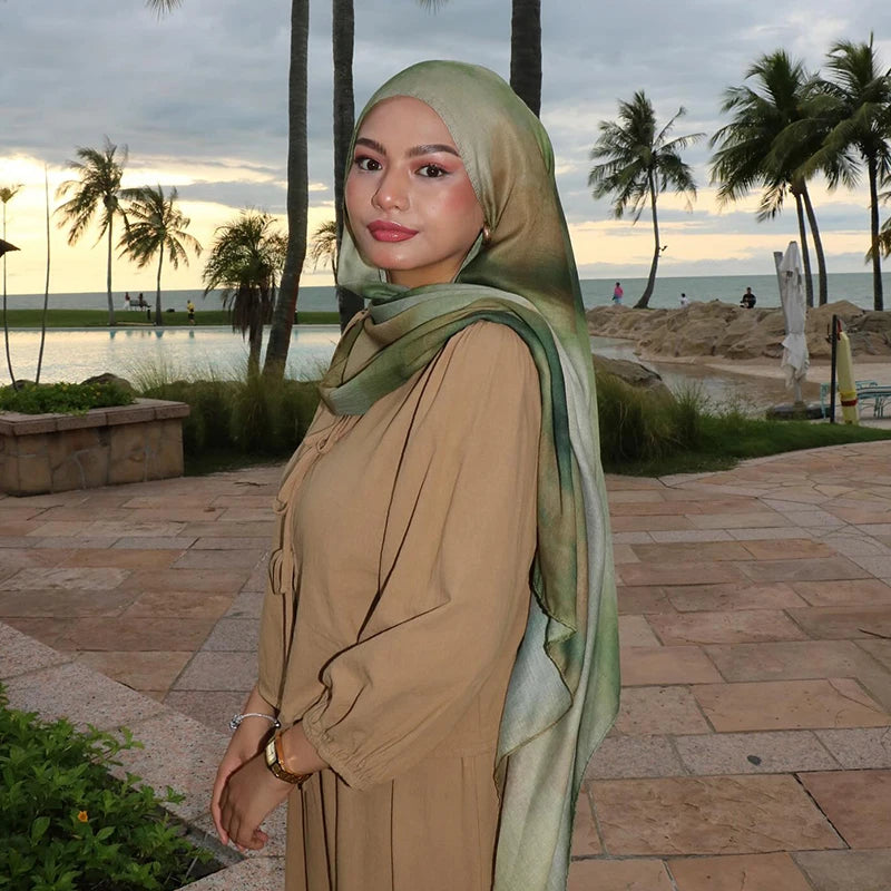 Gradient Green Watercolour Floral Printed Modal Breathable Light Weight Soft Cotton Rayon Viscose Woven Modal Muslim Women Shawl