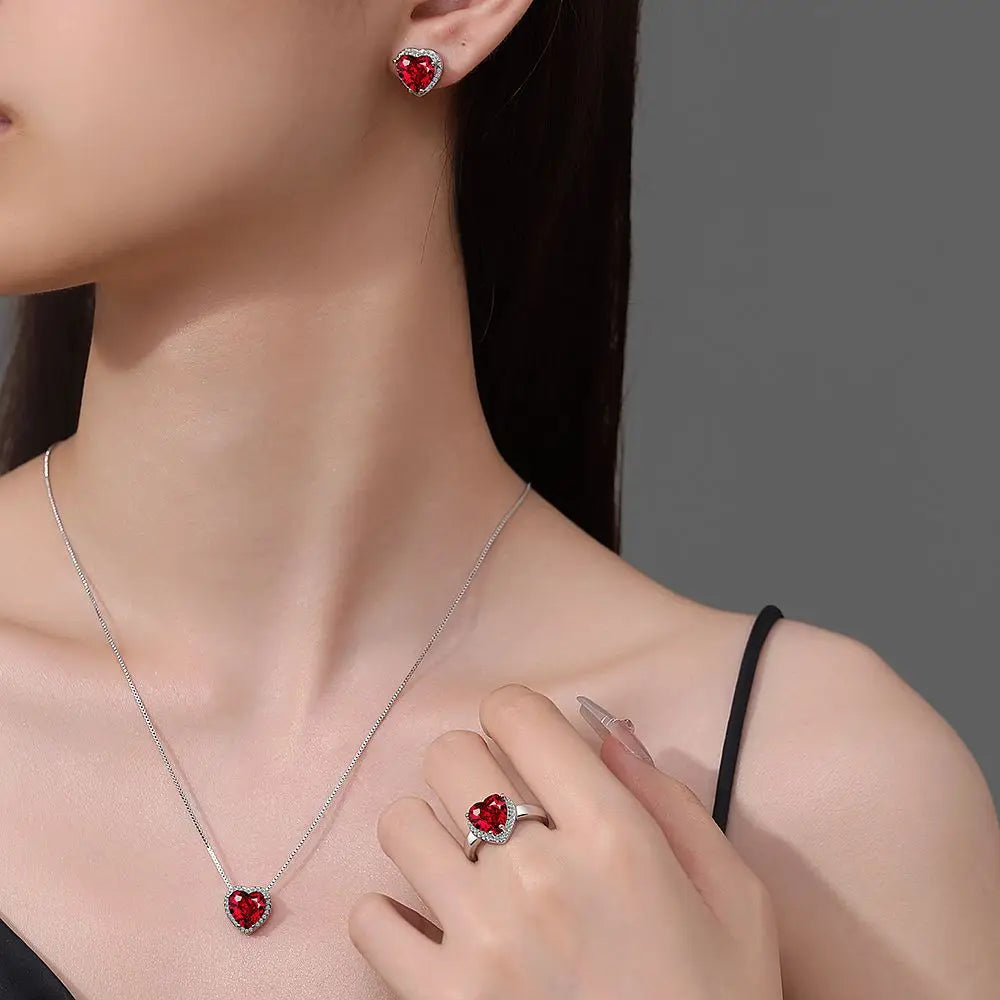 Natural Garnet Red Ruby 925 Sterling Silver Heart Jewelry Set Necklace+Earring+Ring Gemstone Jewelry Women Valentine's Day Gift