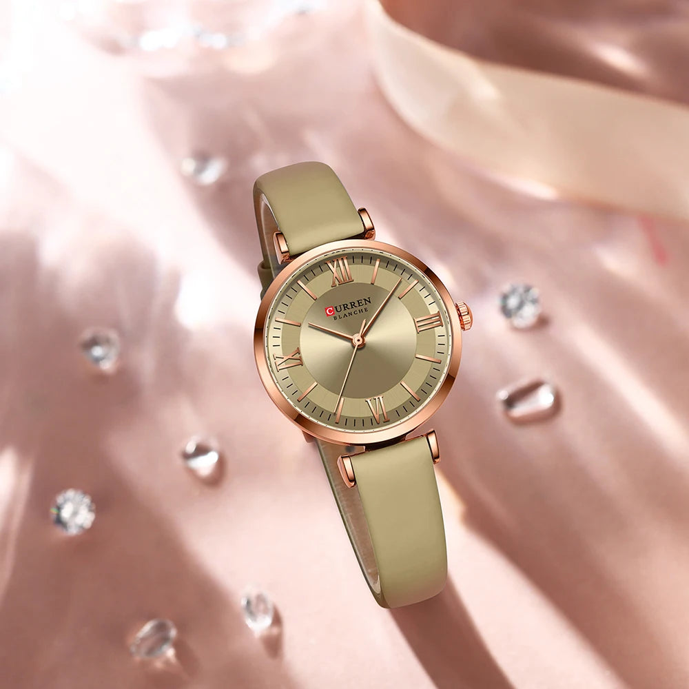 CURREN Luxury Women's Watch Stylish Leather Strap  Quartz Movement Casual Elegant Ladies Wristwatch Fashionable Design with Box