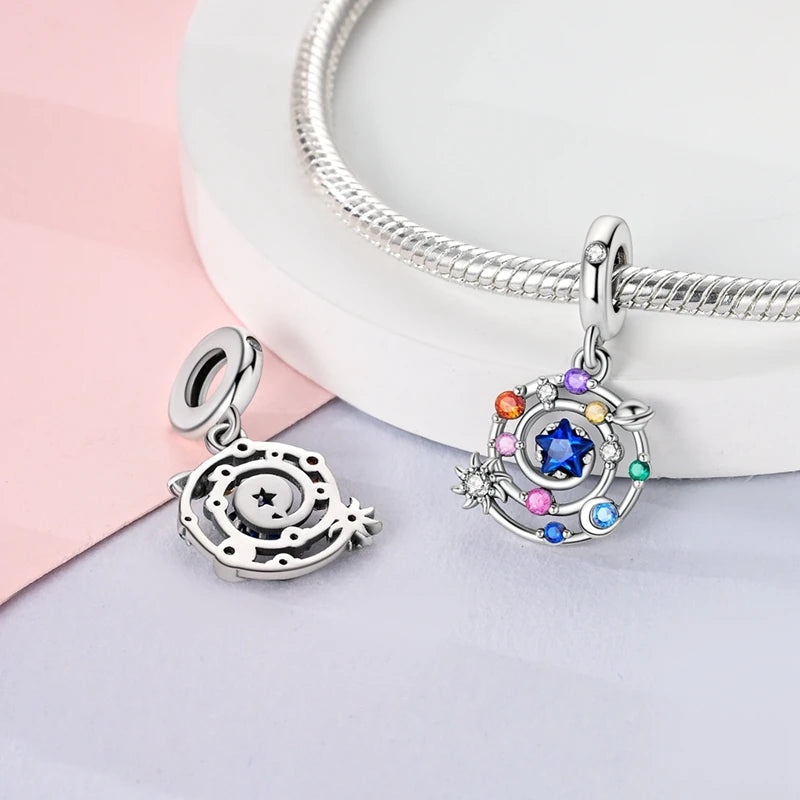 925 Sterling Silver Charm Pendant Star Moon Sun Starry Sky Beaded Charm Fit Original Bracelet DIY Fine Jewelry Making For Women