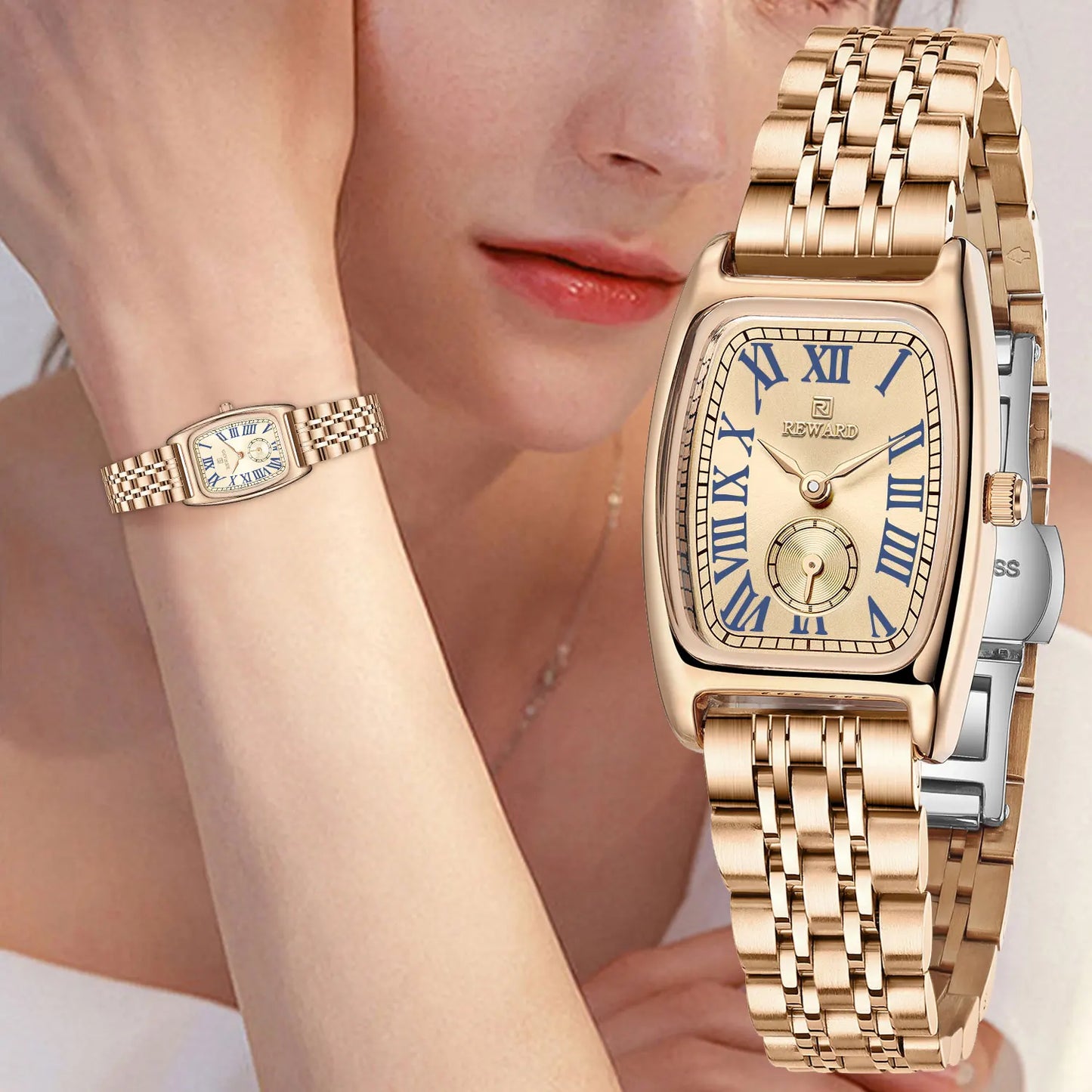 REWARD Luxury Elegant Rectangle Ladies Watch Waterproof Luminous Watch for Woman Stainless Steel Quartz Women's Watches with Box