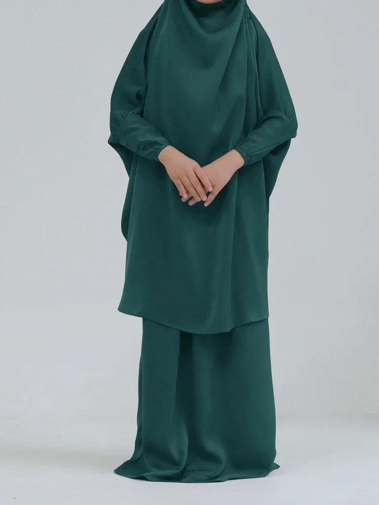 Eid Muslim Long Khimar Dress Kids Girls Abaya Long Khimar Set Prayer Garment Ramadan Dresses 2 Piece Jubha Robe Caftan Jilbab