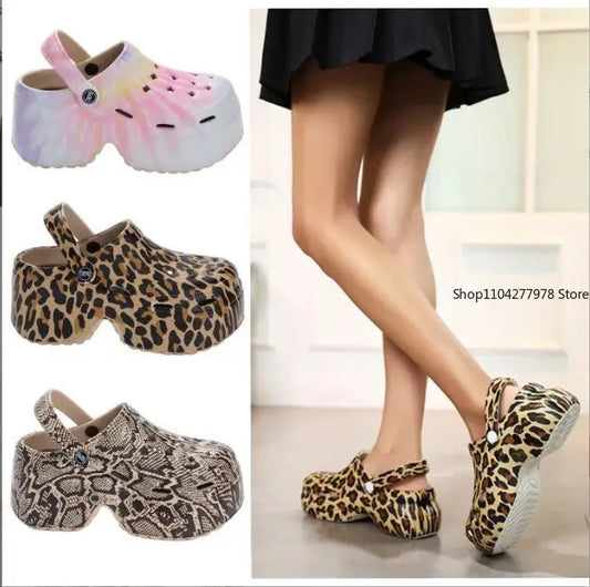 Leopard Thick Bottom Clogs for Women Closed Toe Chunky Platform Sandals Woman Summer 2025 Super High Wedge Heel Slippers Female