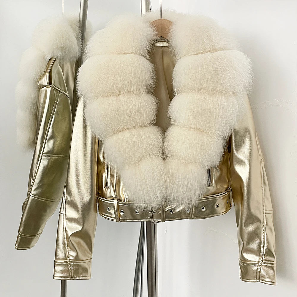 Natural Fox Fur Real Fur Coat Faux PU Leather Jacket Female New Autumn Short Top Clothing Women Long Sleeve Fake Leather Coat