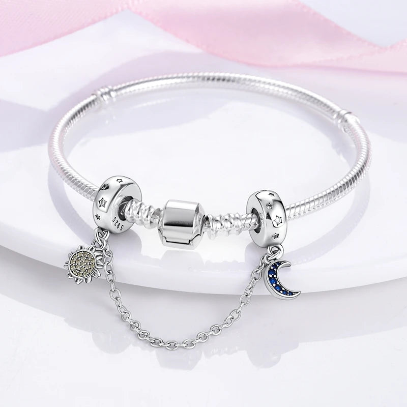 925 Sterling Silver Charm Pendant Star Moon Sun Starry Sky Beaded Charm Fit Original Bracelet DIY Fine Jewelry Making For Women