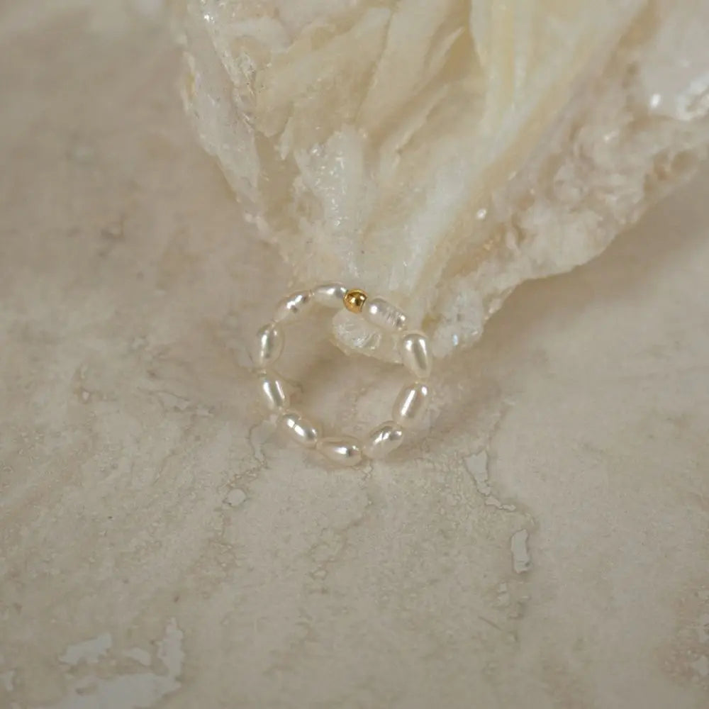 eManco Delicate Minimalist Imitation Pearl Ring Gold Color Beads Stainless Steel for Women Daily Wear & Dating Jewelry