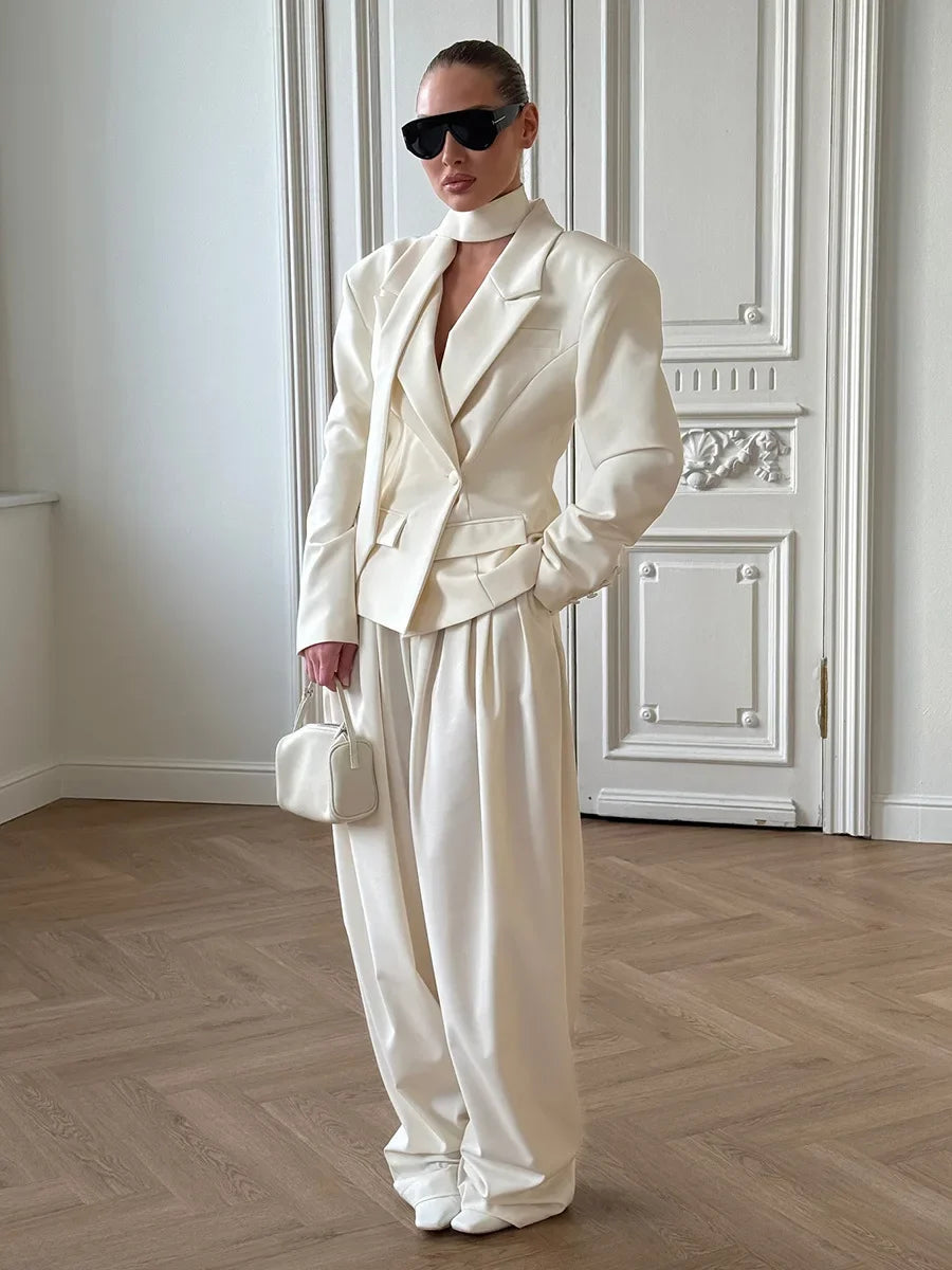 Wolfeel Women's Belted Neckline Tie Blazer Autumn Winter New Structured Shoulders Short Jacket Elegant Office Commuting Suits