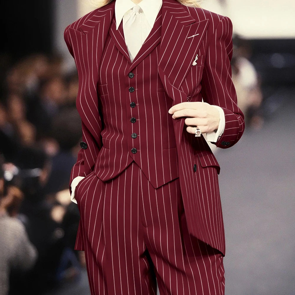 Trending 2025 Brown Striped Women Suit Formal Double-breasted Peaked Lapel 3Pieces (Jacket+Pants+Vest) Business Office Lady Set