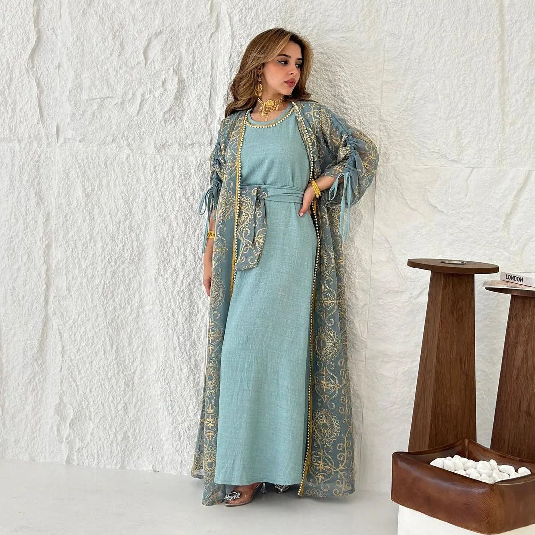 Jalabiya Muslim Dress Middle East Woman Robe Two-piece Set Saudi Arabia Dubai Abaya  Evening Dresses Real Picture