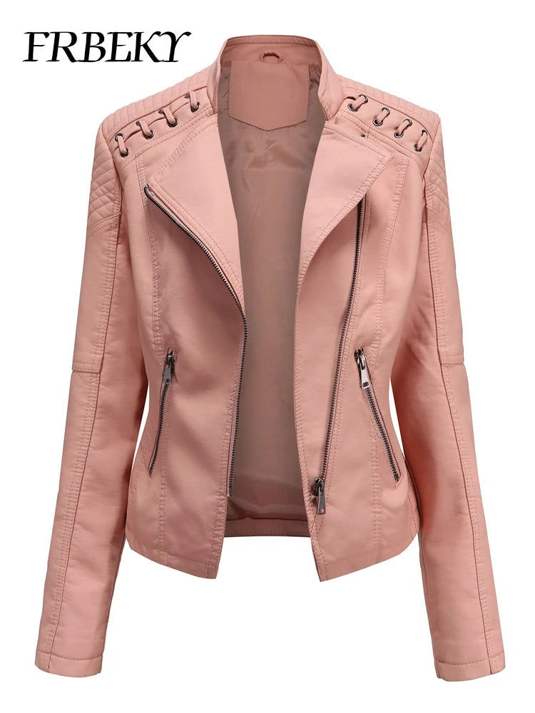 Spring Autumn Short Section Long Sleeve Zipper Jacket Slim Faux Leather Jacket Casual Solid Color Fashion Jacket Loose Outwear