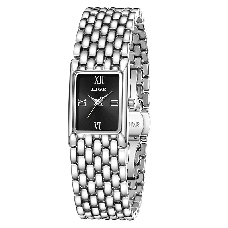 LIGE Watch Women Fashion Casual Luxury Womens Waterproof Square Dial Steel Belt Quartz Wrist Watches Christmas Gifts Reloj Mujer