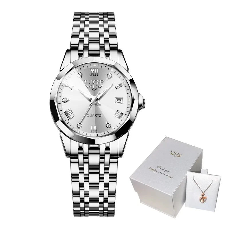 LIGE 2026 Women's Watch Luxury Gift quartz wristwatch Waterproof Calendar Stainless Steel Ladies Luminous Clock montre femme+BOX