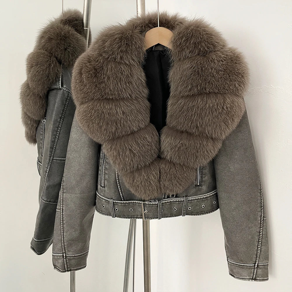 Natural Fox Fur Real Fur Coat Faux PU Leather Jacket Female New Autumn Short Top Clothing Women Long Sleeve Fake Leather Coat