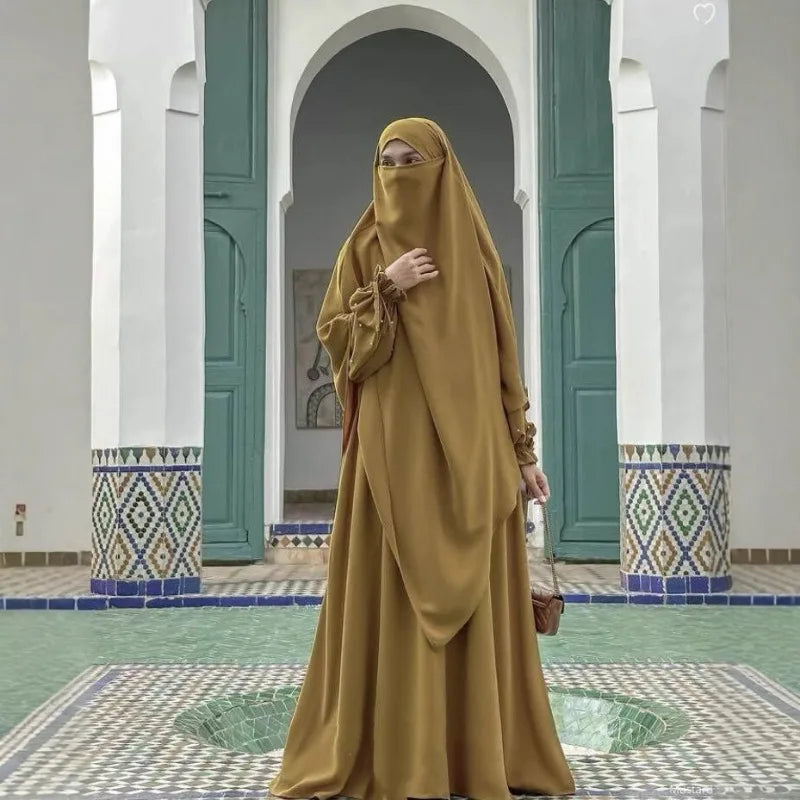 New solid color women's robe pearl sleeve dress, two-piece long headscarf P555
