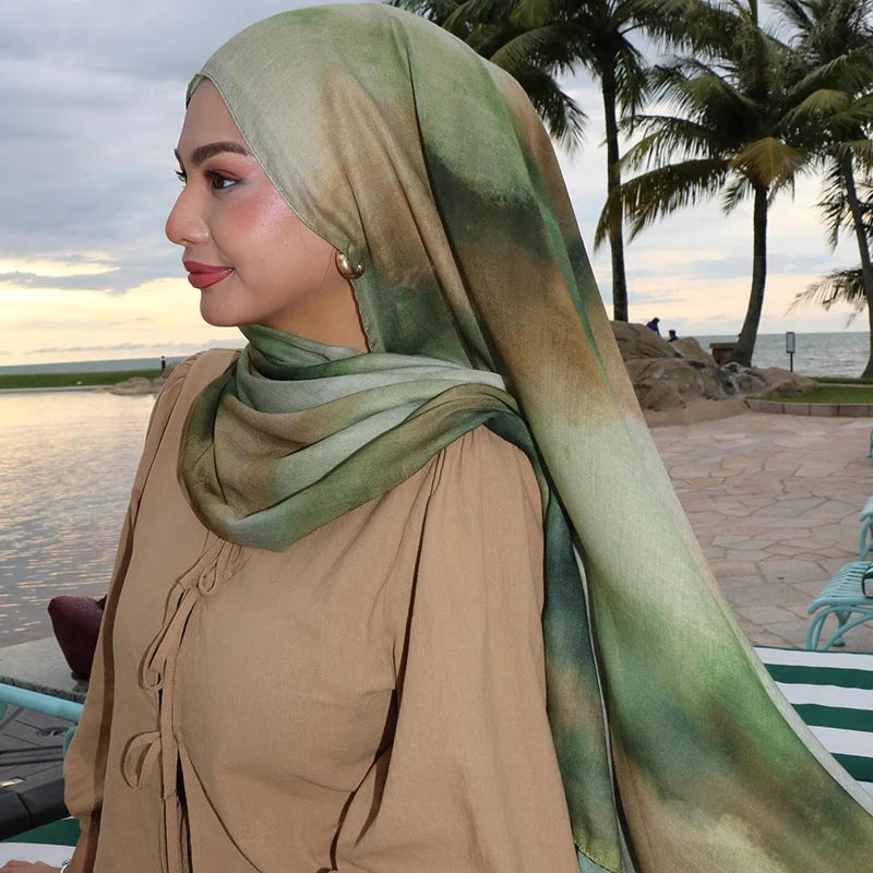 Gradient Green Watercolour Floral Printed Modal Breathable Light Weight Soft Cotton Rayon Viscose Woven Modal Muslim Women Shawl