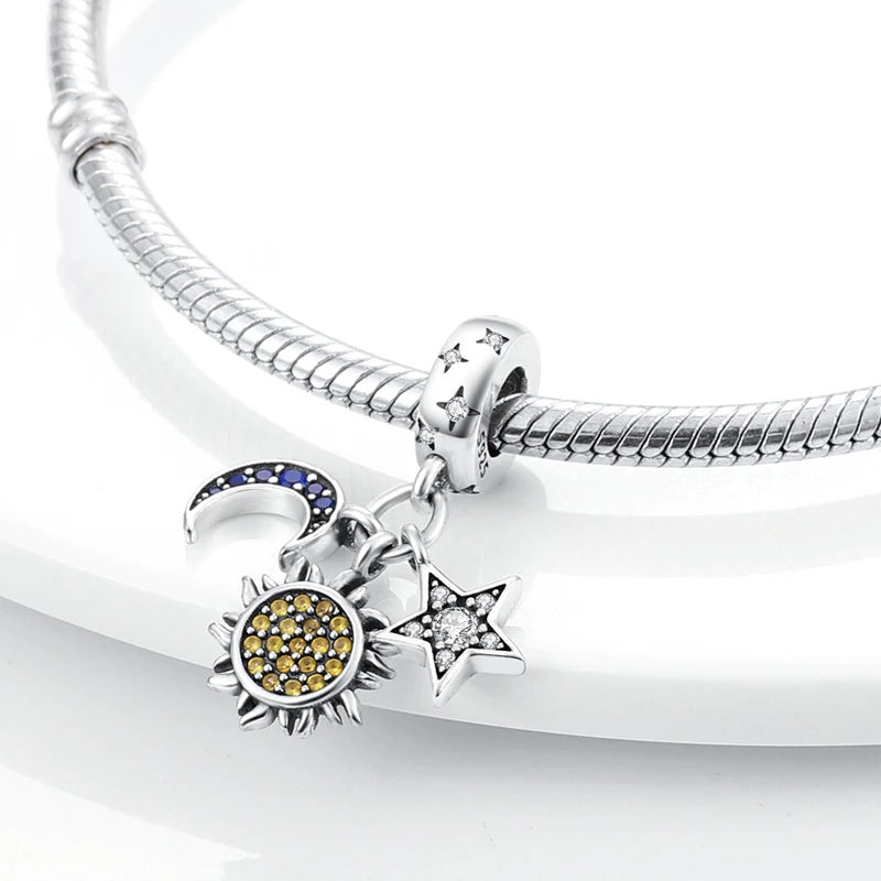 925 Sterling Silver Charm Pendant Star Moon Sun Starry Sky Beaded Charm Fit Original Bracelet DIY Fine Jewelry Making For Women