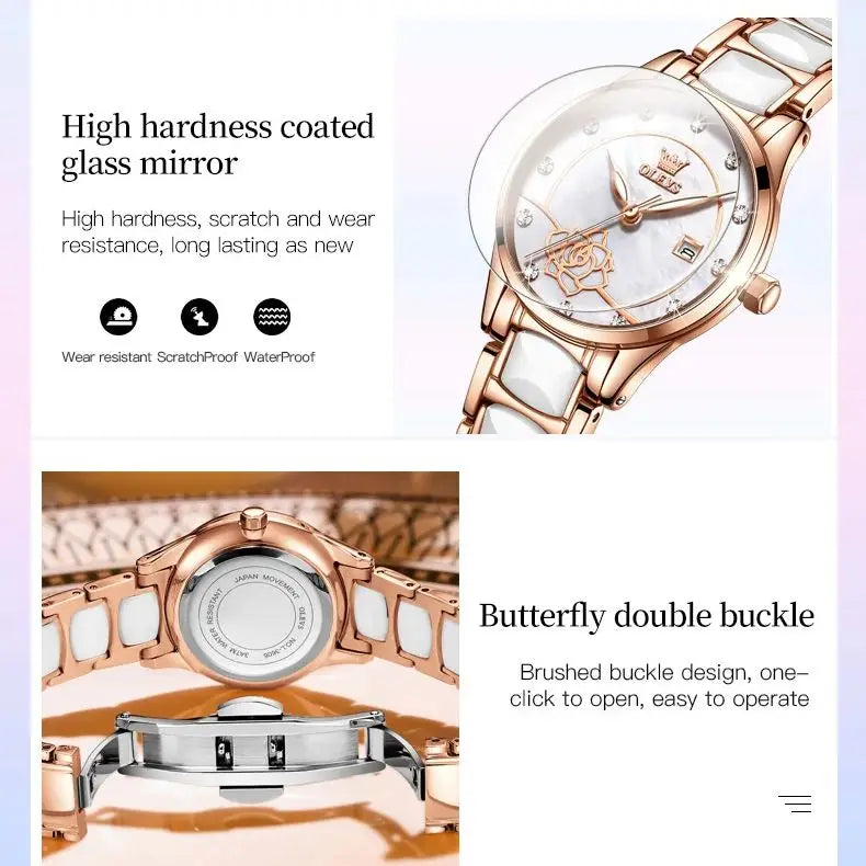 OLEVS 3606 Women's Watch Luxury Quartz Japanese Movement Watch Exquisite Rose Waterproof dial Elegant Ceramic Women's Watch