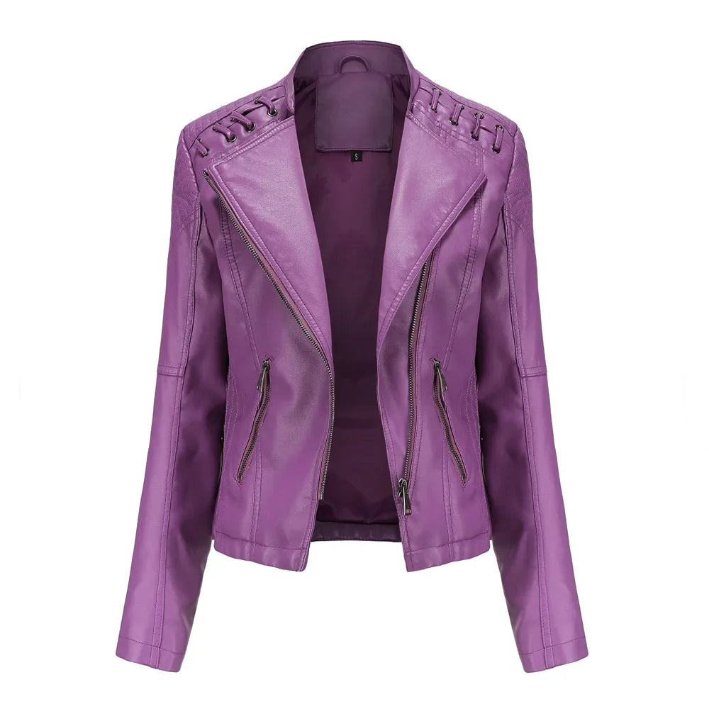 Spring Autumn Short Section Long Sleeve Zipper Jacket Slim Faux Leather Jacket Casual Solid Color Fashion Jacket Loose Outwear