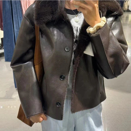 Faux Fur Leather Jacket Coat Women 2026 New Fashion Casual Two Sides Wear Solid Single Breasted Long Sleeve Female Outwear Tops
