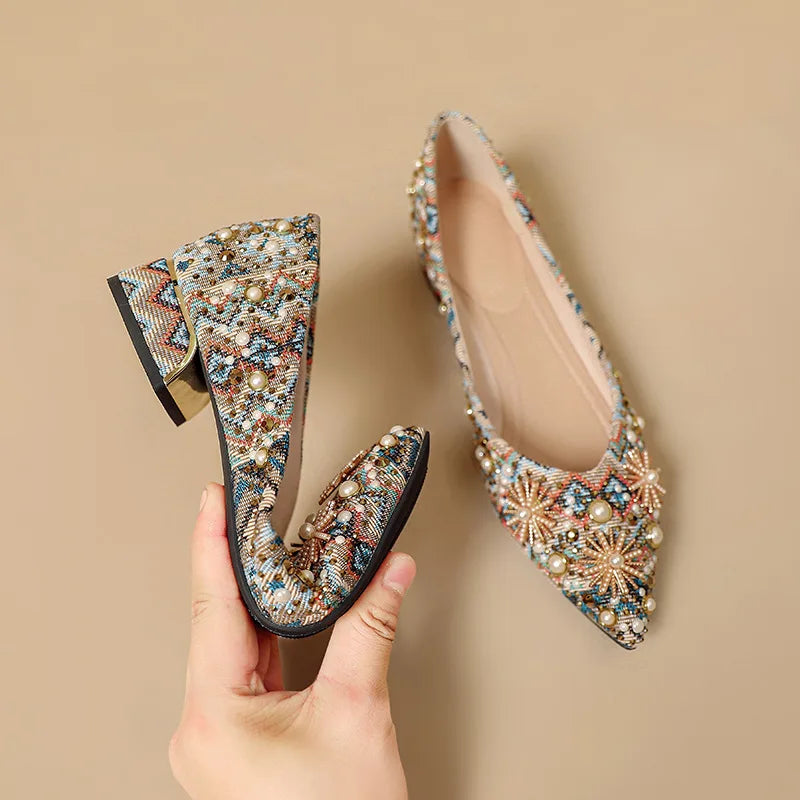 Pointed Toe High Heels for Women 2025 New Ladies Retro Style Rhinestone Decorate Party Dress Pumps Plus Size 34-43 Zapatos Mujer