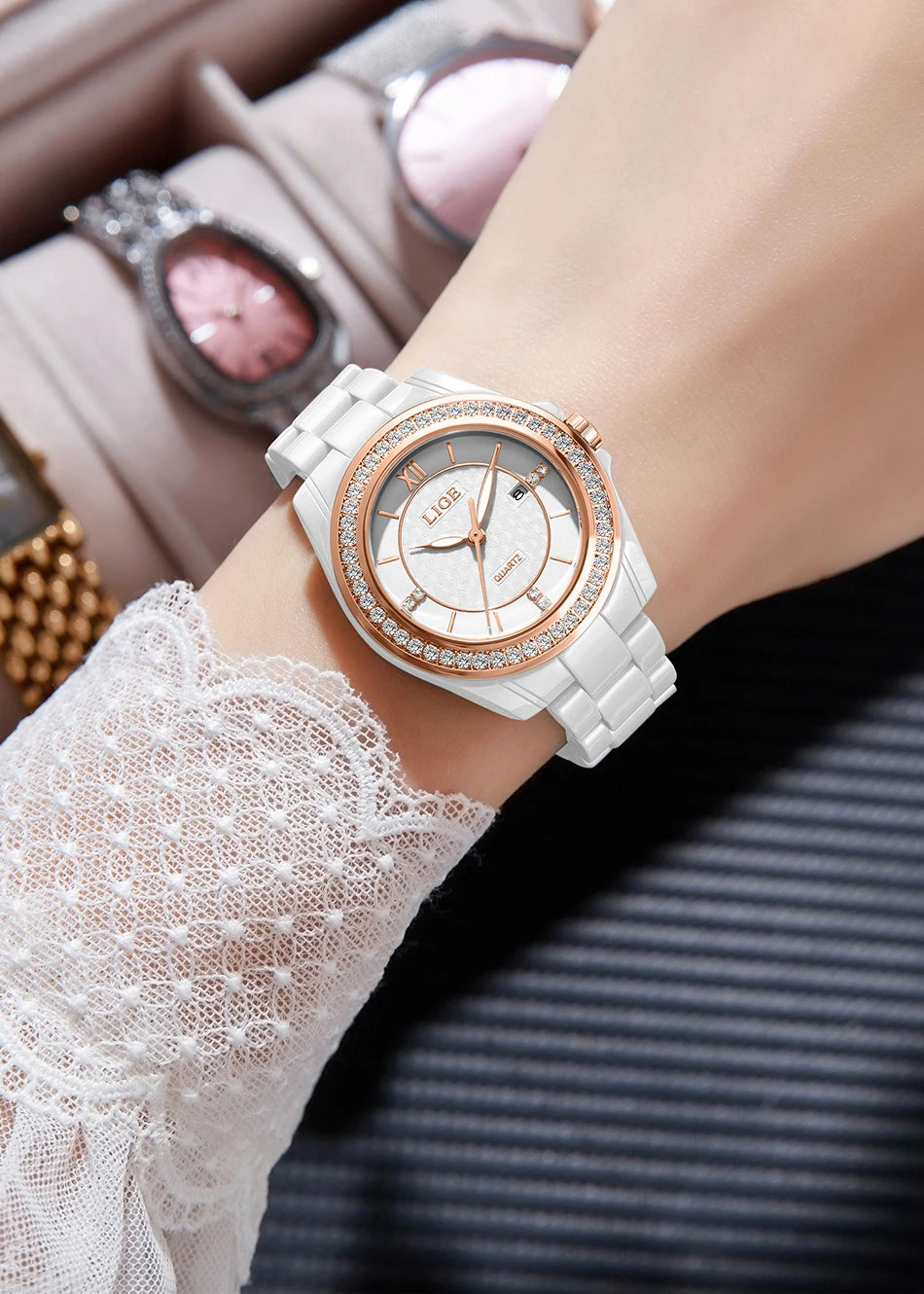 LIGE Luxury Woman Watch Waterproof Fashion Quartz Ladies Wristwatch Date Week Full Ceramic Women's Watches Relojs+GIFT Box