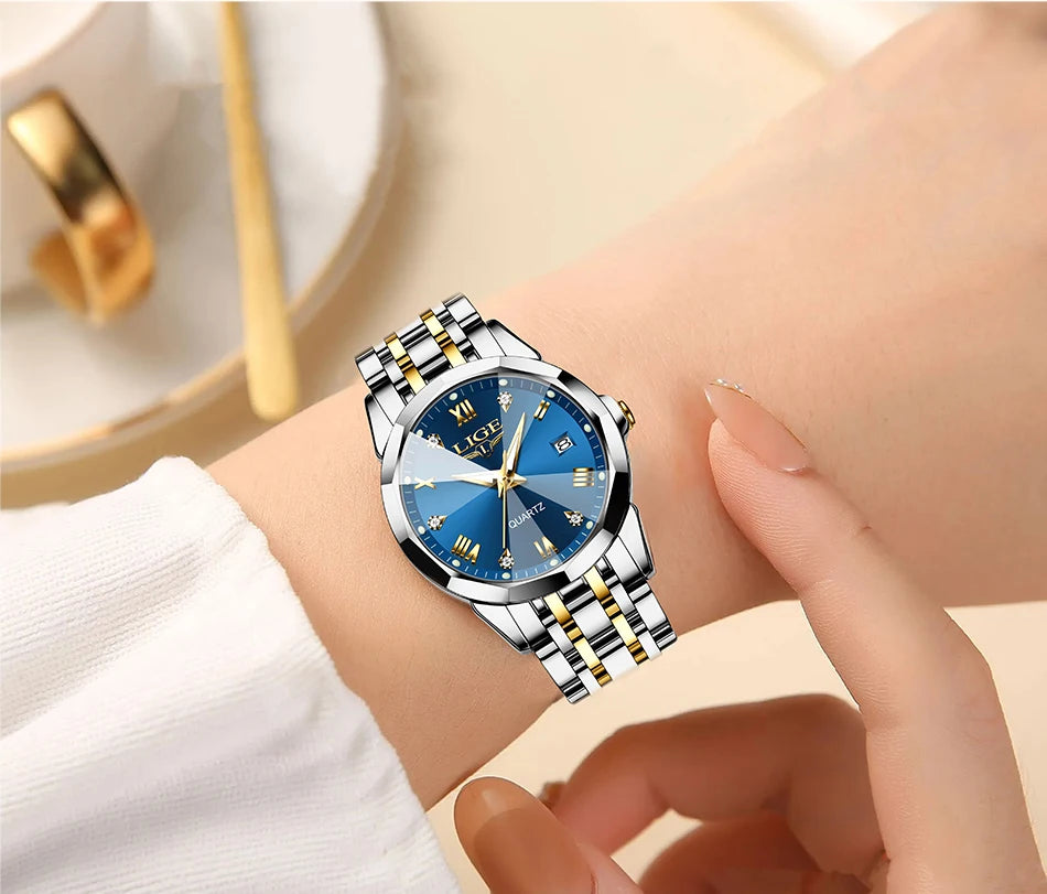 LIGE 2026 Women's Watch Luxury Gift quartz wristwatch Waterproof Calendar Stainless Steel Ladies Luminous Clock montre femme+BOX