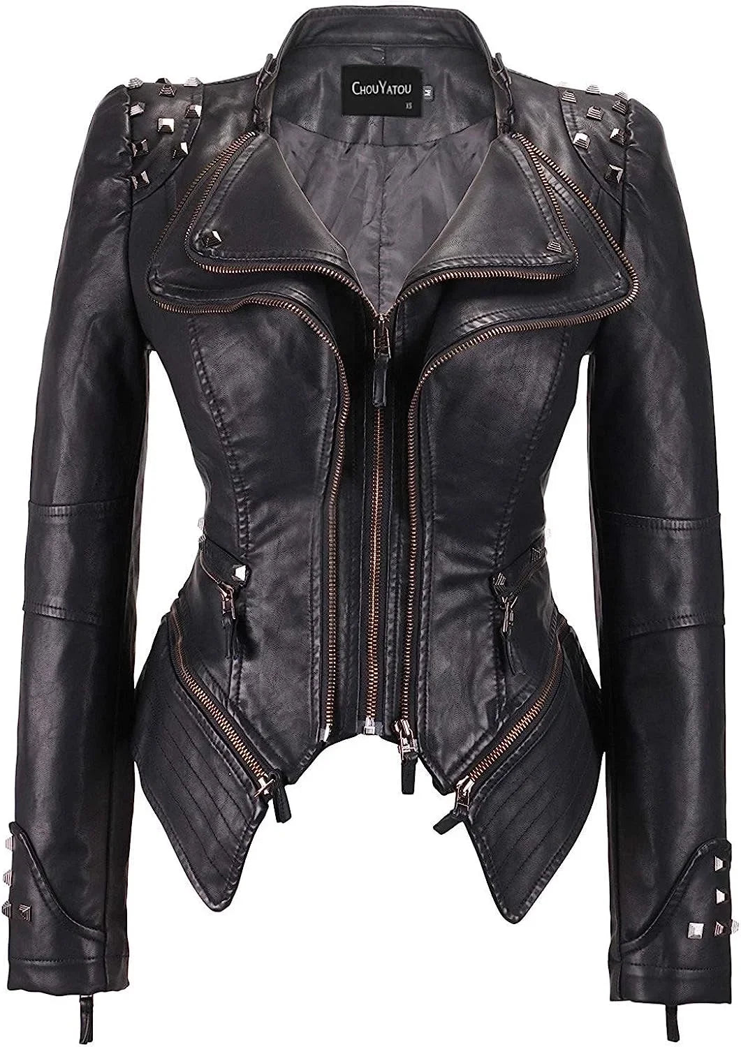 Spring New Style Suit Collar Rivet Waist Short Washed Pu Leather Jacket