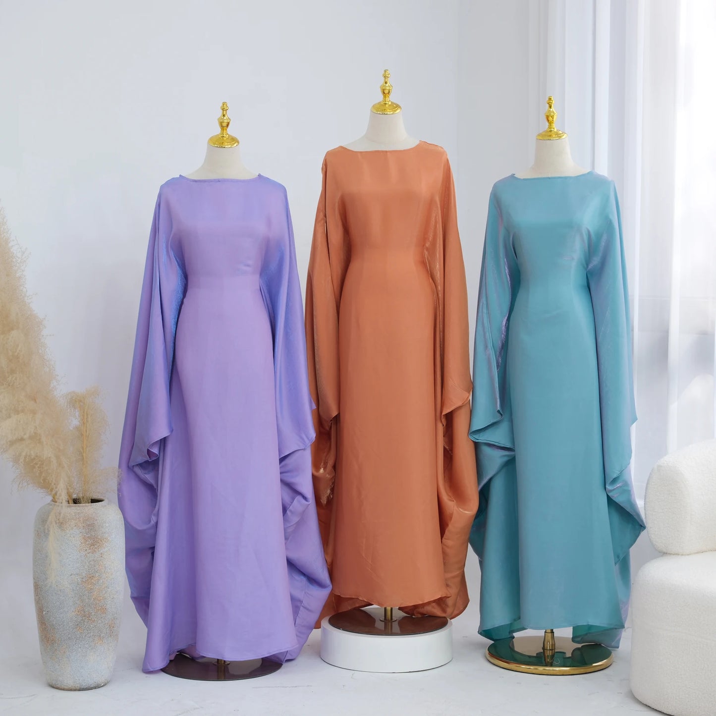 Ramadan Eid Evening Party Shiny Kaftan Dress for Women, Butterfly Sleeves Round Neck Muslim Women Abaya Dubai Islamic Clothing