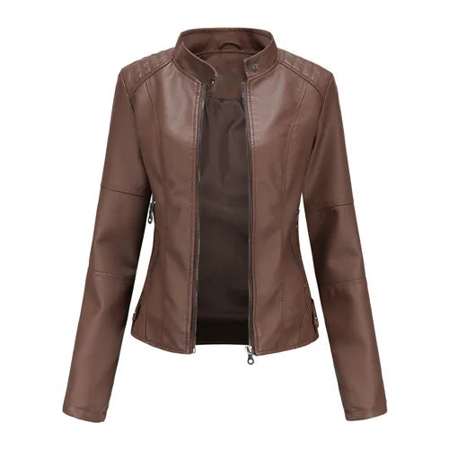 Women's Red PU Jacket, Vertical Collar Zipper Motorcycle Leather Coats,  Fashion Casual Coat Female Outerwear, Black Purple Top.