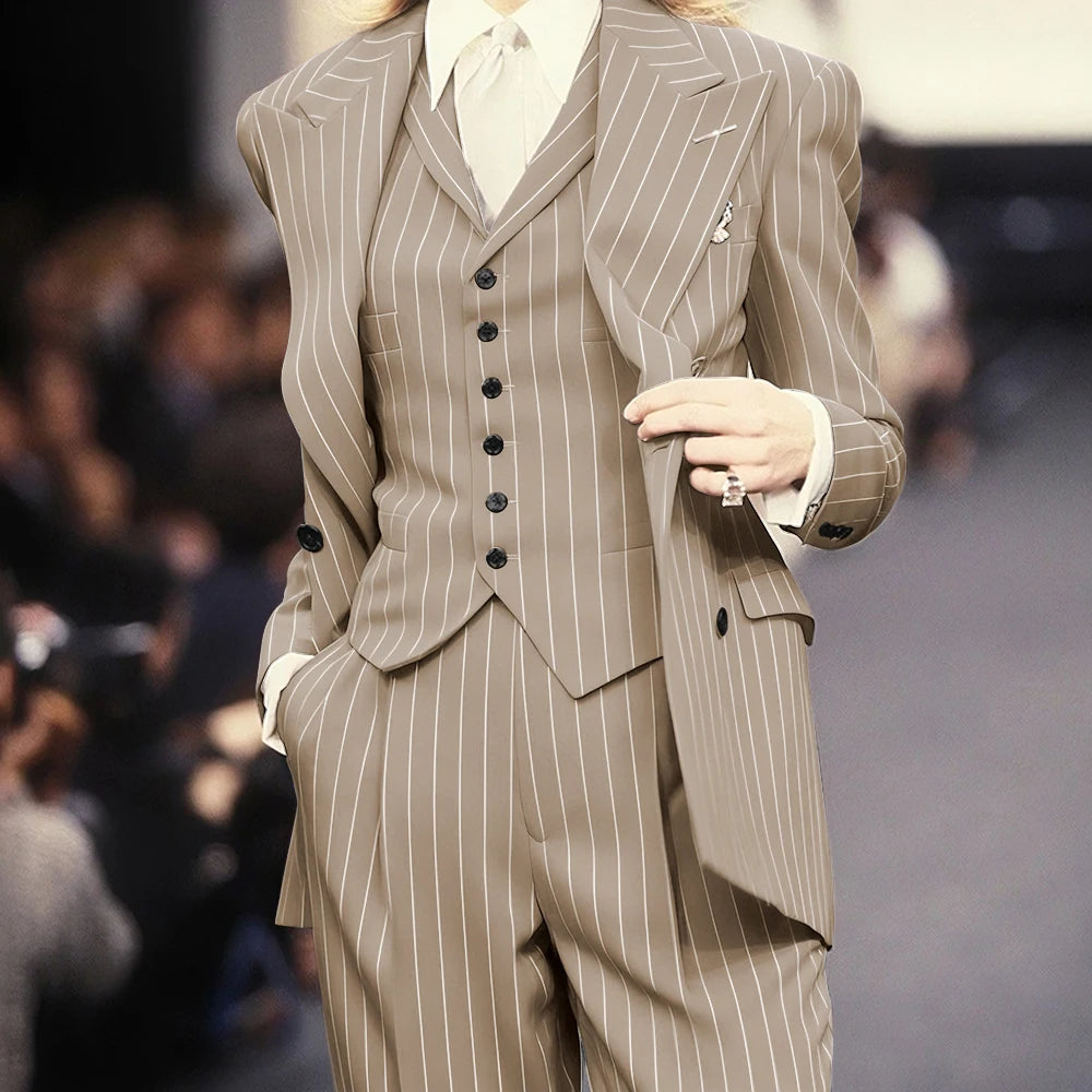 Trending 2025 Brown Striped Women Suit Formal Double-breasted Peaked Lapel 3Pieces (Jacket+Pants+Vest) Business Office Lady Set