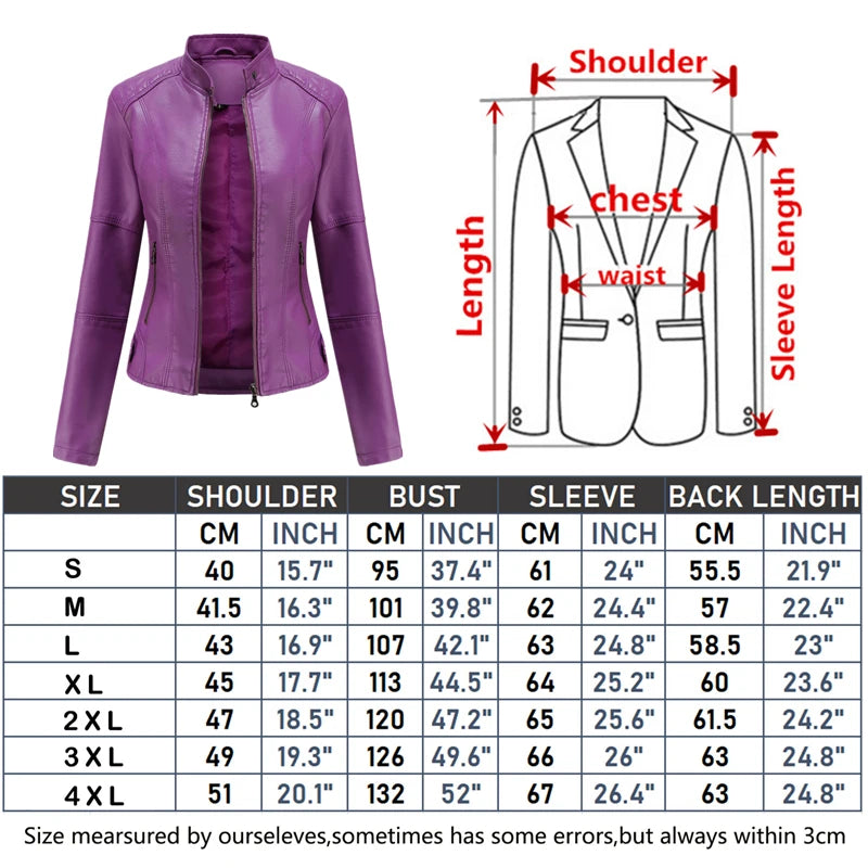 Women's Red PU Jacket, Vertical Collar Zipper Motorcycle Leather Coats,  Fashion Casual Coat Female Outerwear, Black Purple Top.
