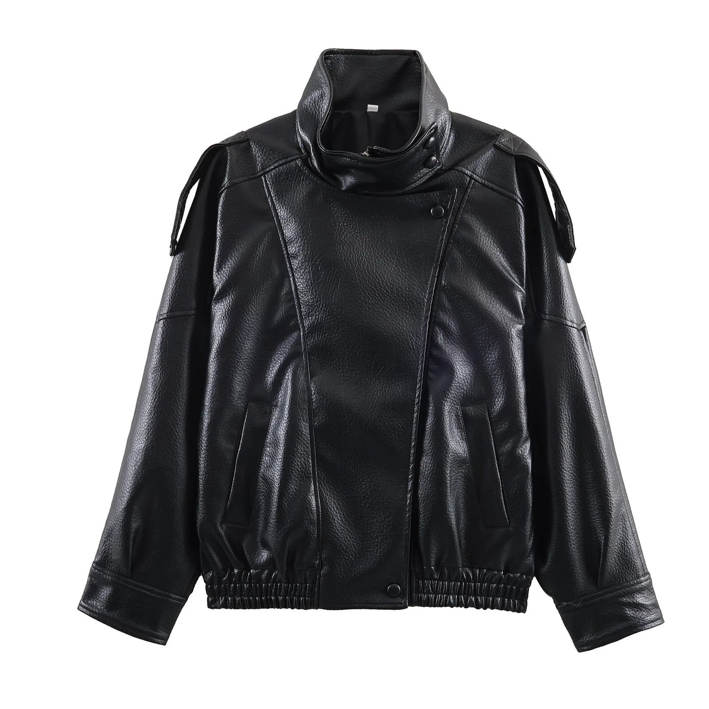 Fashion Stand Collar Leather Jacket Women Solid Long Sleeve Lapel Zipper Loose Bomber Coat 2026 Lady Spring Autumn Outerwear
