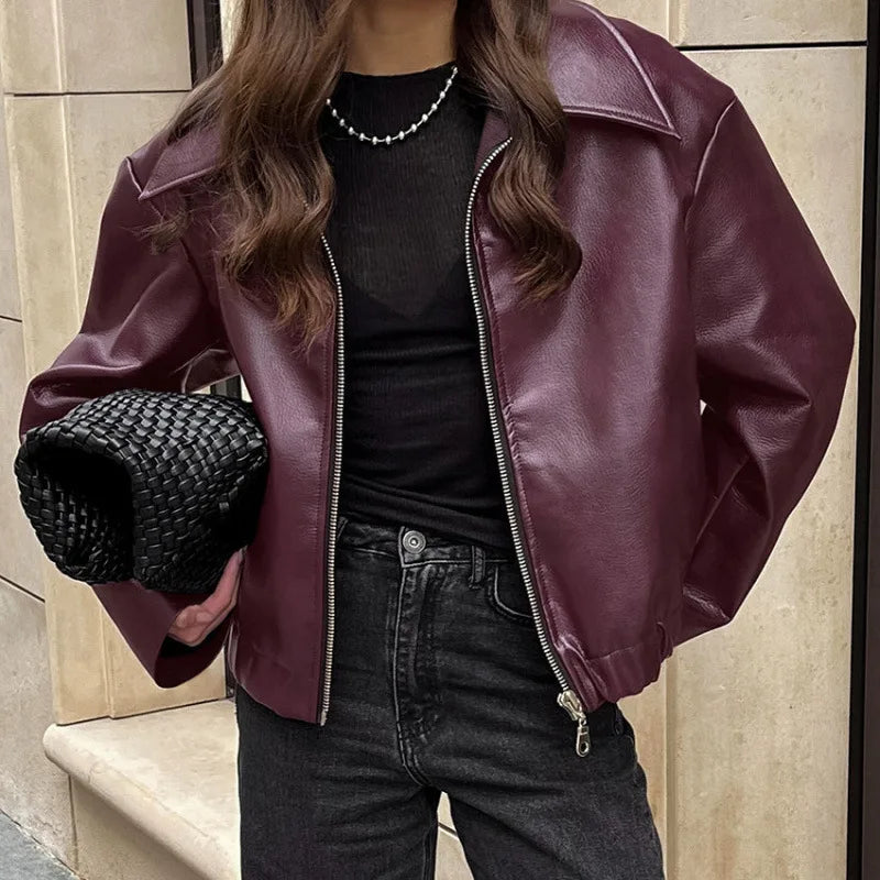 Autumn Women Casual Loose Motorcycle Jacket Turn Down Collar Long Sleeve PU Leather Zip Bomber Coats FYY-500