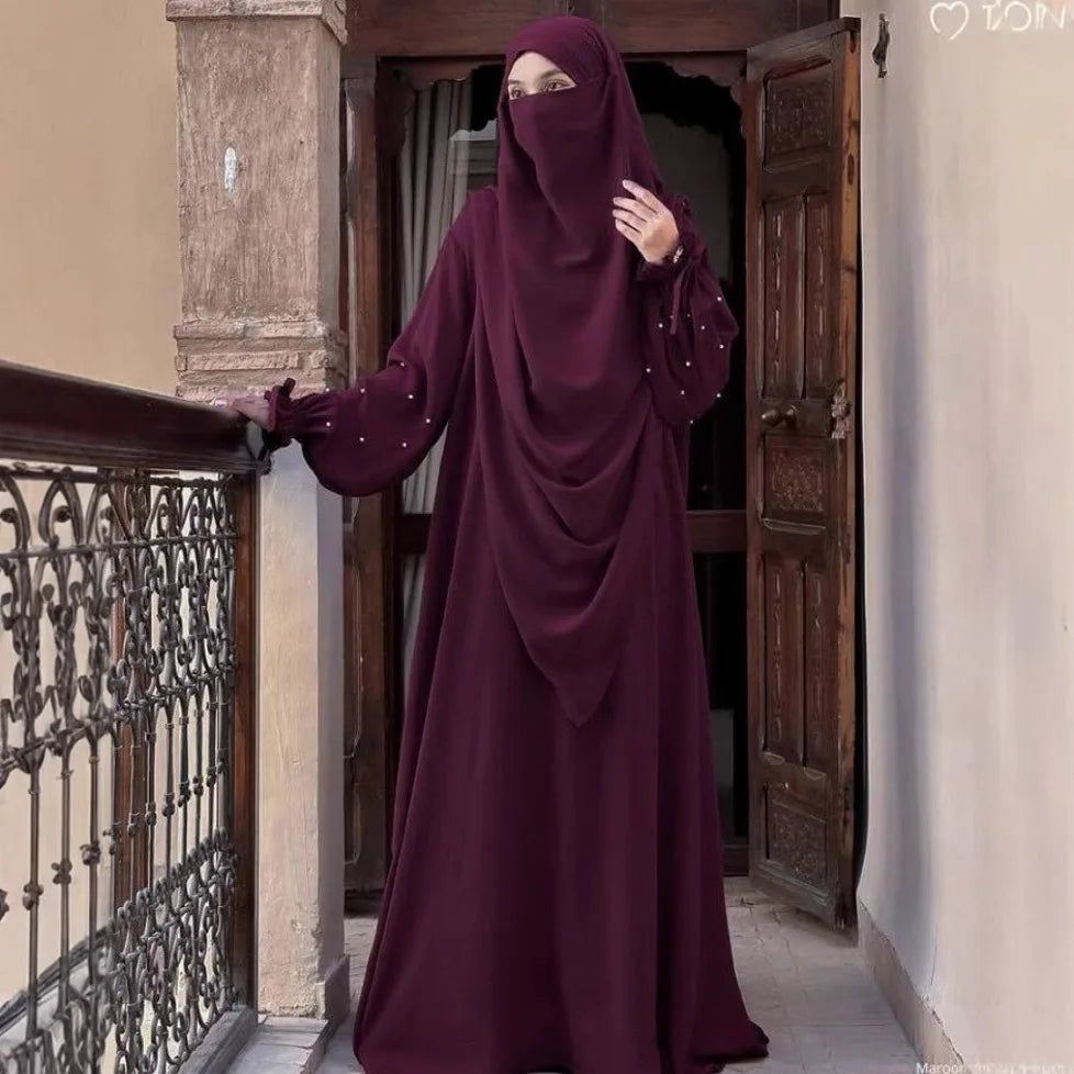New solid color women's robe pearl sleeve dress, two-piece long headscarf P555